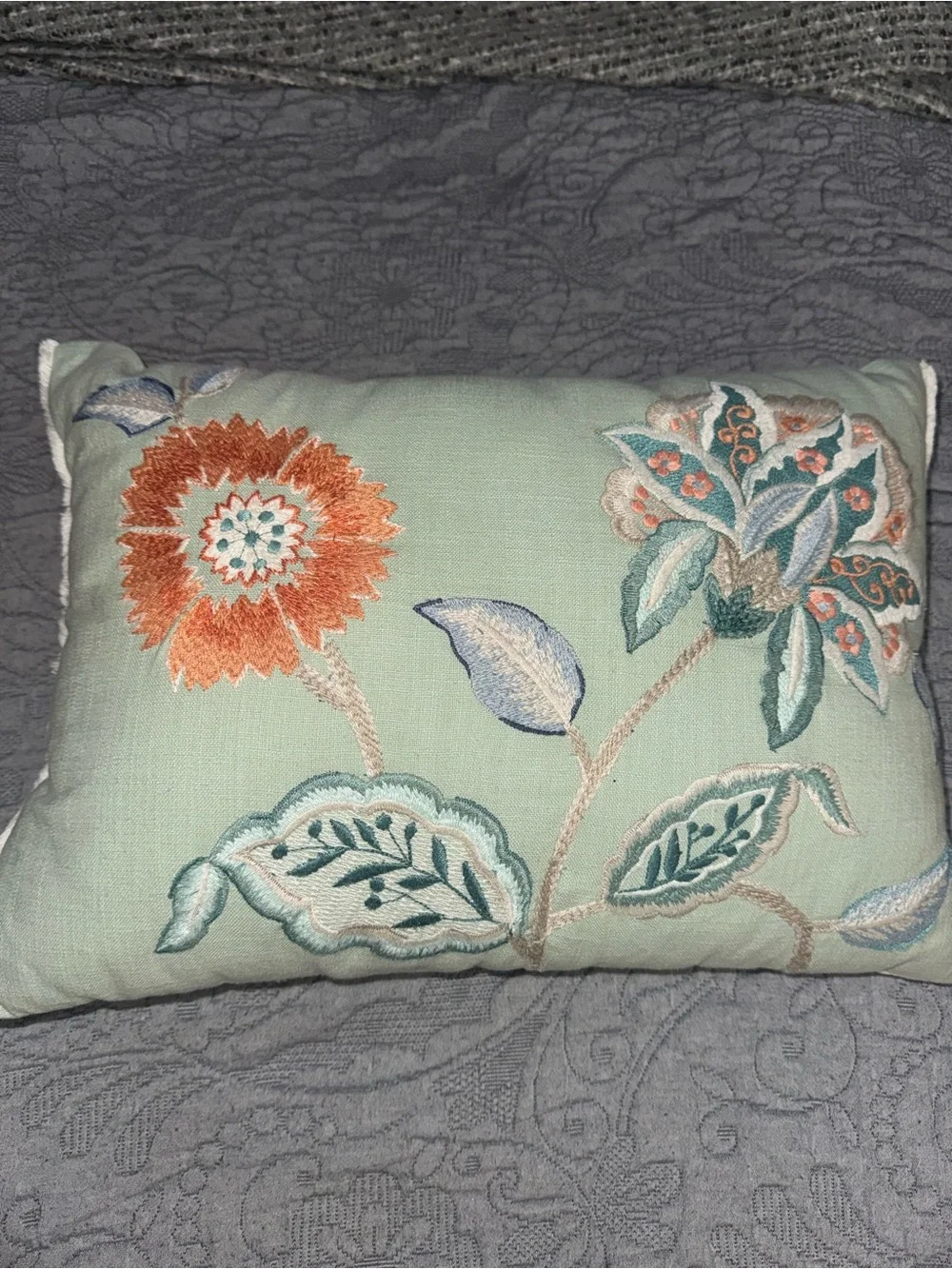 Pier 1 Embroidered Floral Accent Pillow in Mint and Orange